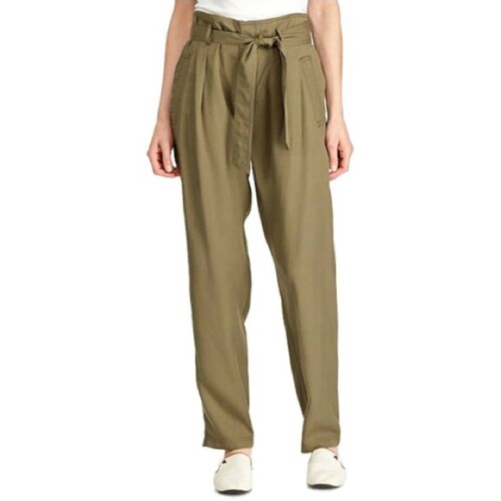 RALPH LAUREN Pant Hi-Paperbag Waist Self-Tie Crop Khaki Olive Pockets NWT 12